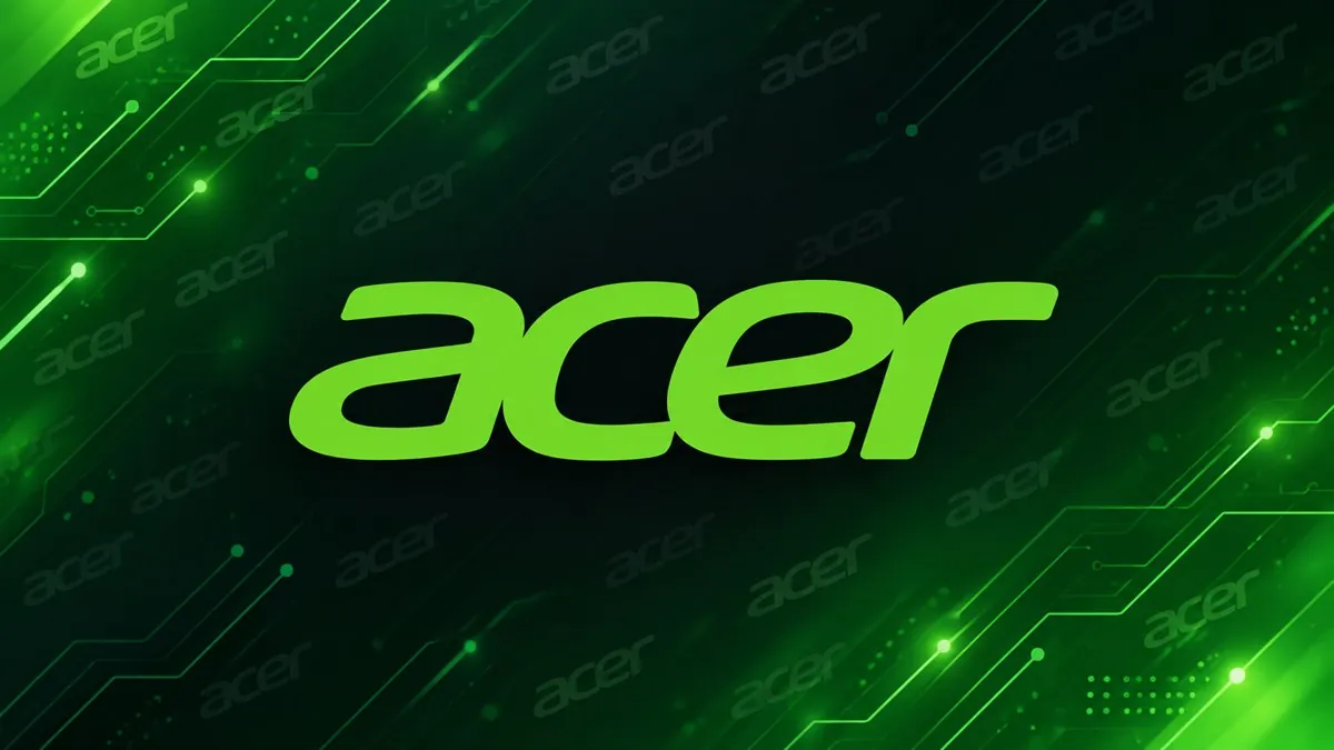 Logomarca verde da Acer em destaque sobre arte institucional