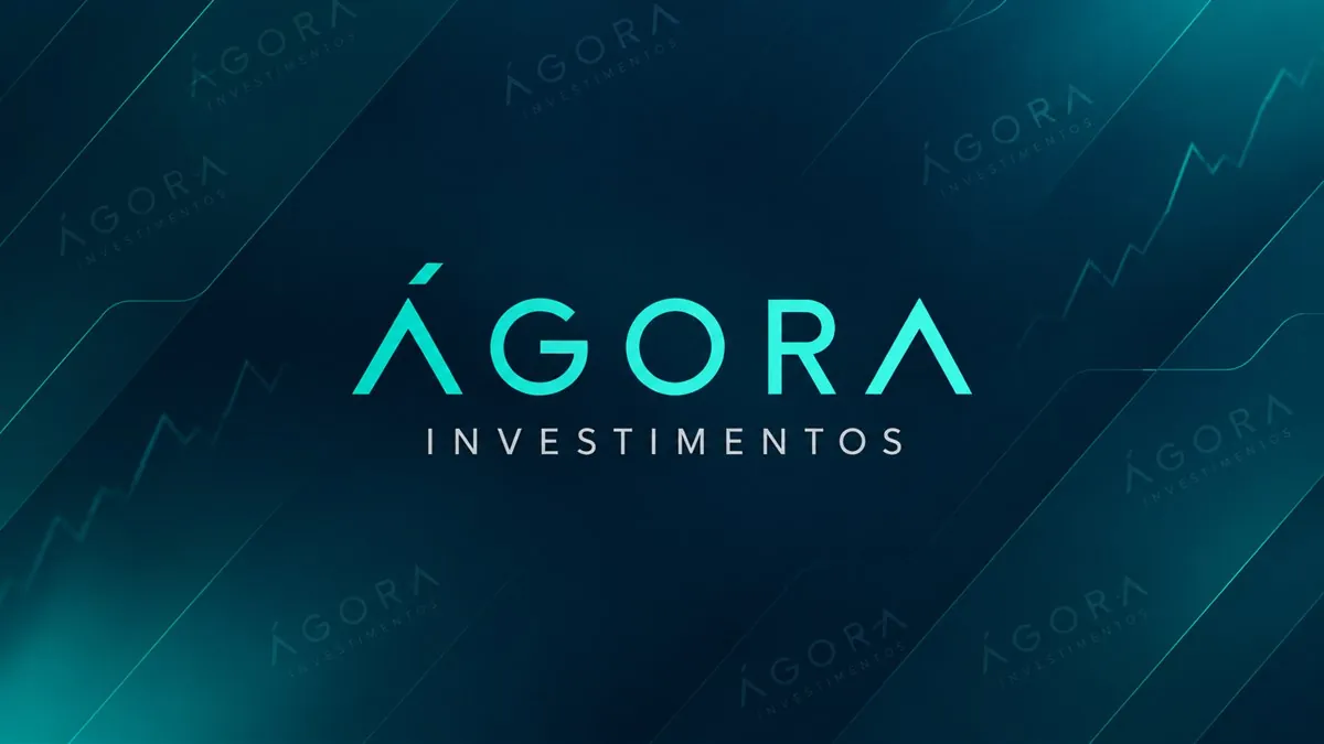 Logomarca da Ágora Investimentos em destaque sobre arte institucional