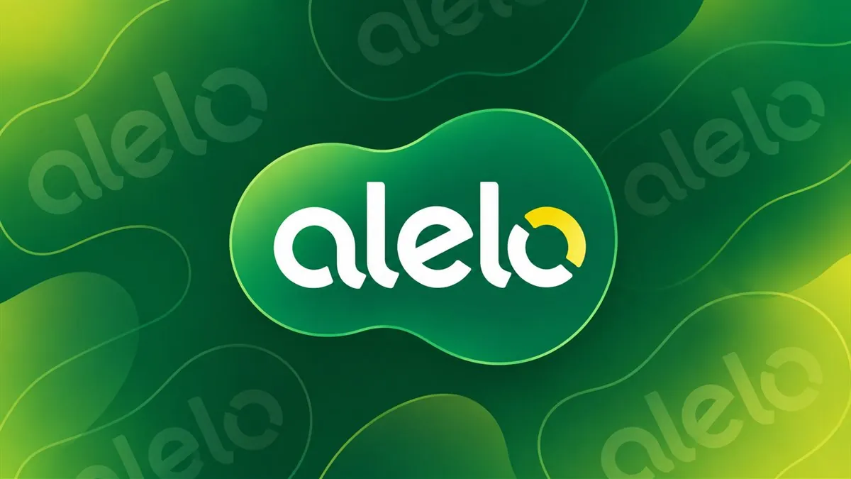Logomarca branca da Alelo sobre fundo verde com padrão diagonal