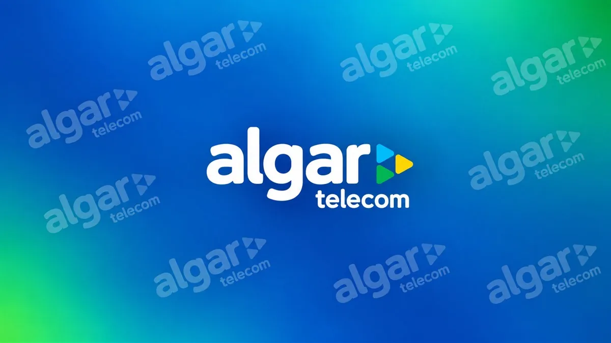 Logomarca da Algar Telecom em destaque sobre arte institucional