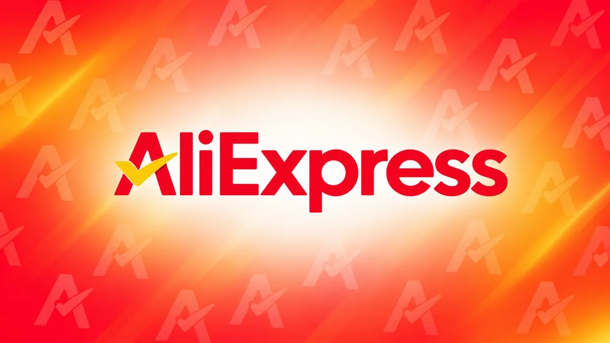 Logomarca da AliExpress em destaque sobre arte institucional vermelha