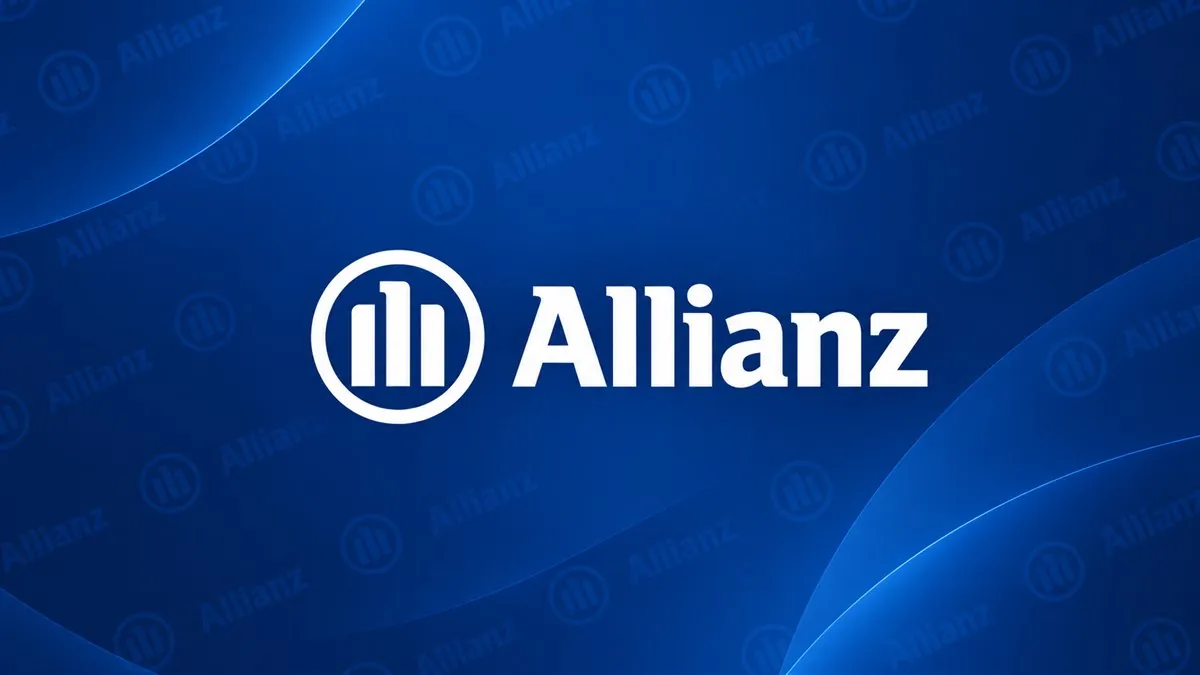 Logomarca da Allianz Seguros em destaque sobre arte institucional azul