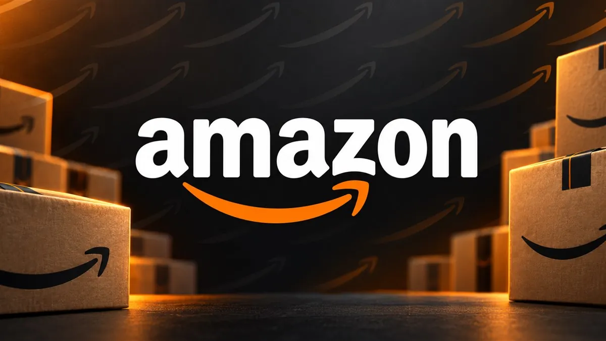 Logomarca da Amazon em destaque entre caixas de entrega