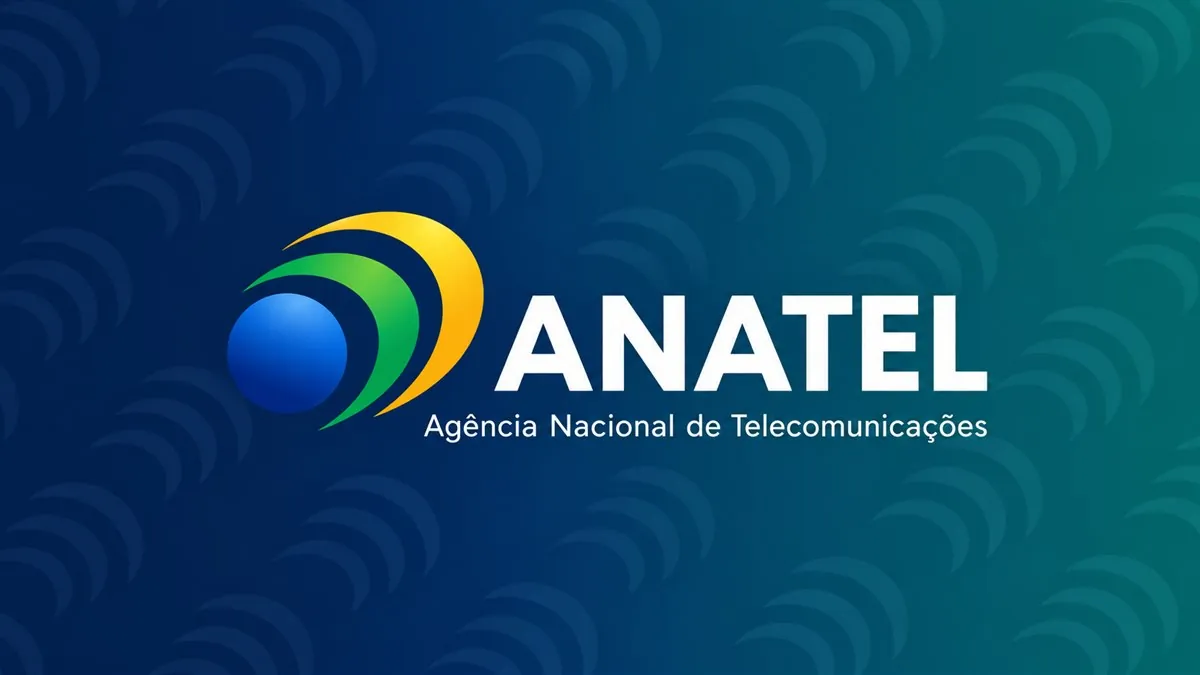 Identidade da Anatel sobre fundo azul e verde com padrão de ondas