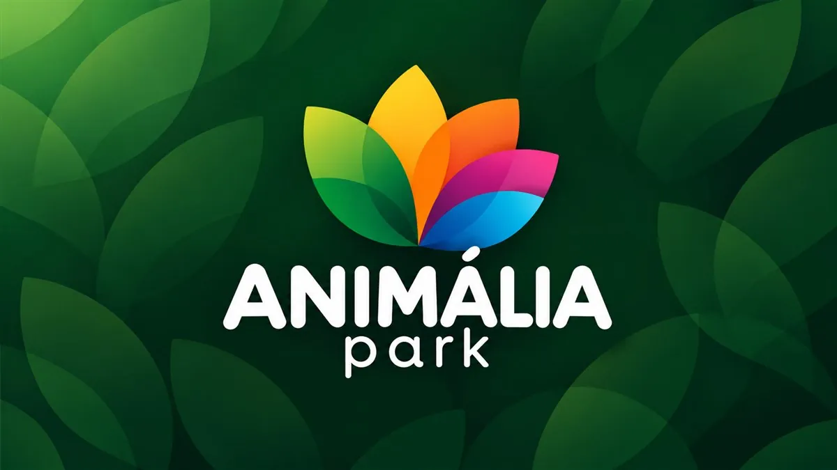 Logomarca colorida do Animália Park sobre fundo verde com padrão de folhas