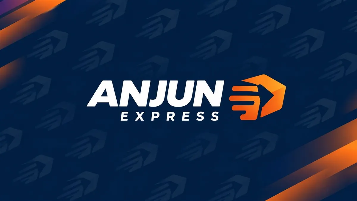 Logomarca da Anjun Express sobre fundo azul com detalhes laranja