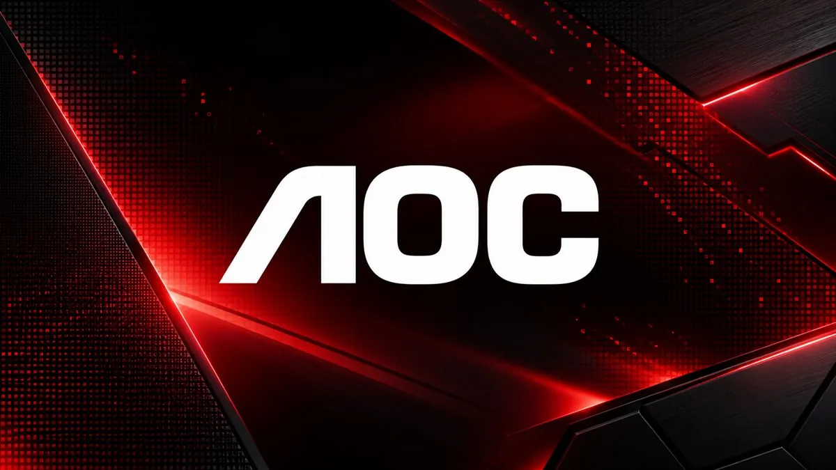 Logomarca branca da AOC sobre fundo tecnológico vermelho e preto