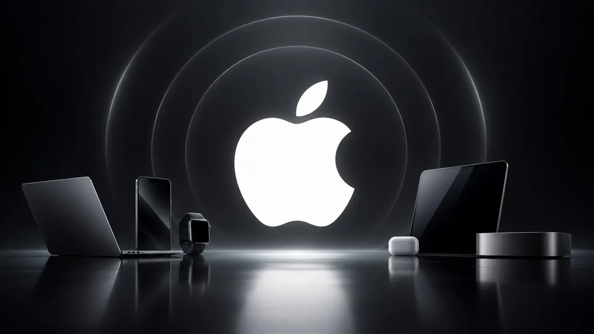 Símbolo branco da Apple com dispositivos sobre fundo escuro