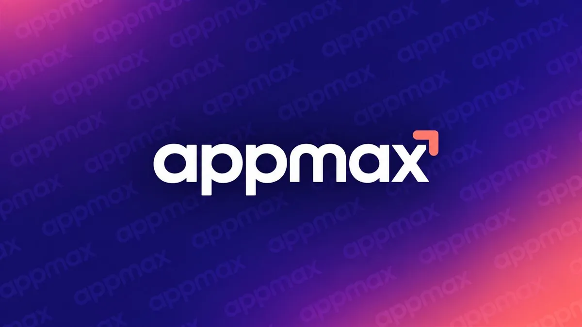 Logomarca branca da Appmax sobre fundo roxo e coral