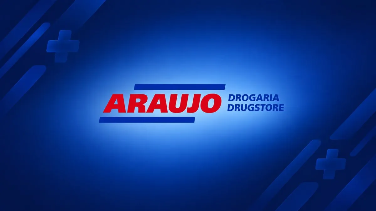 Logomarca vermelha da Araujo sobre fundo azul institucional