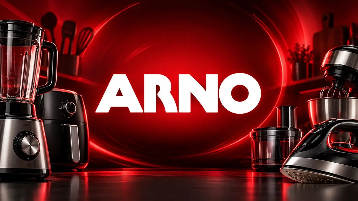 Logomarca branca da Arno cercada por eletrodomésticos em fundo vermelho