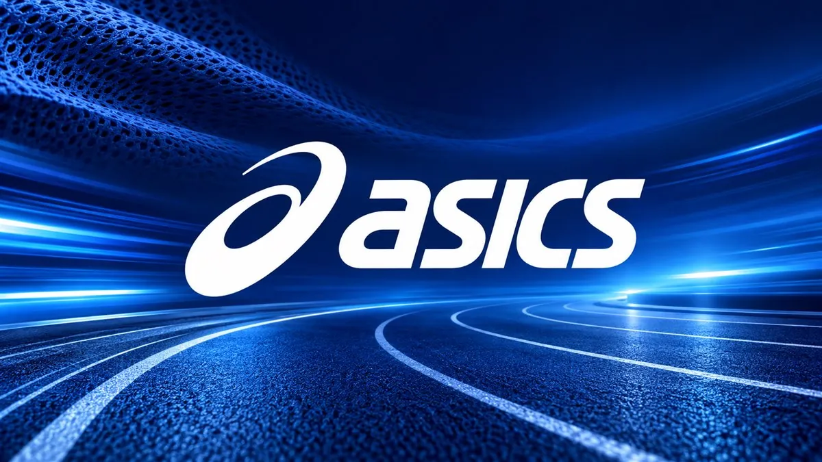 Logomarca da ASICS em destaque sobre arte institucional