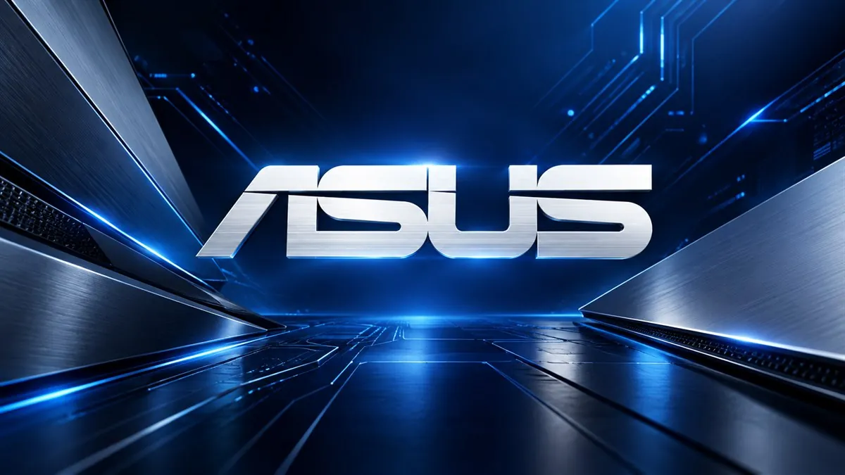 Logomarca da ASUS em destaque sobre arte institucional