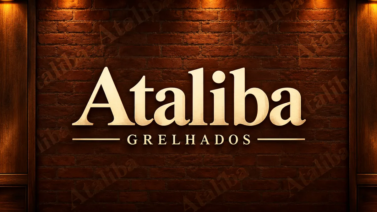 Nome Ataliba Grelhados em composição institucional sobre tijolos e madeira