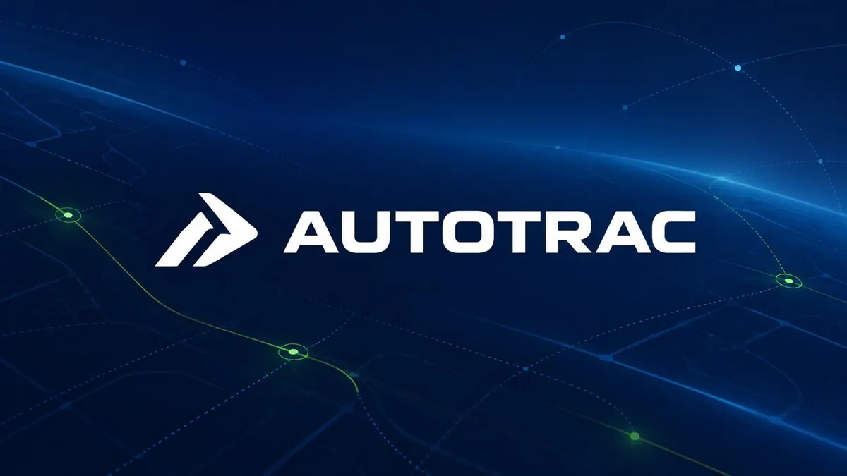 Logomarca branca da Autotrac sobre mapa azul com rotas de rastreamento