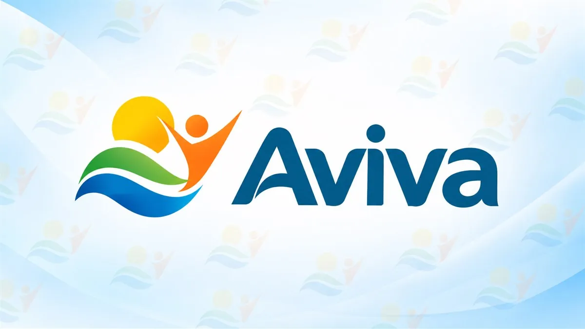 Logomarca colorida da Aviva sobre fundo claro com símbolos discretos em diagonal