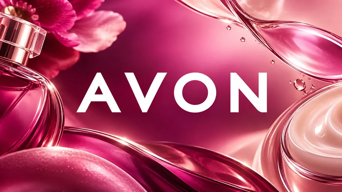 Logomarca branca da Avon em composição rosa com perfume e cosméticos