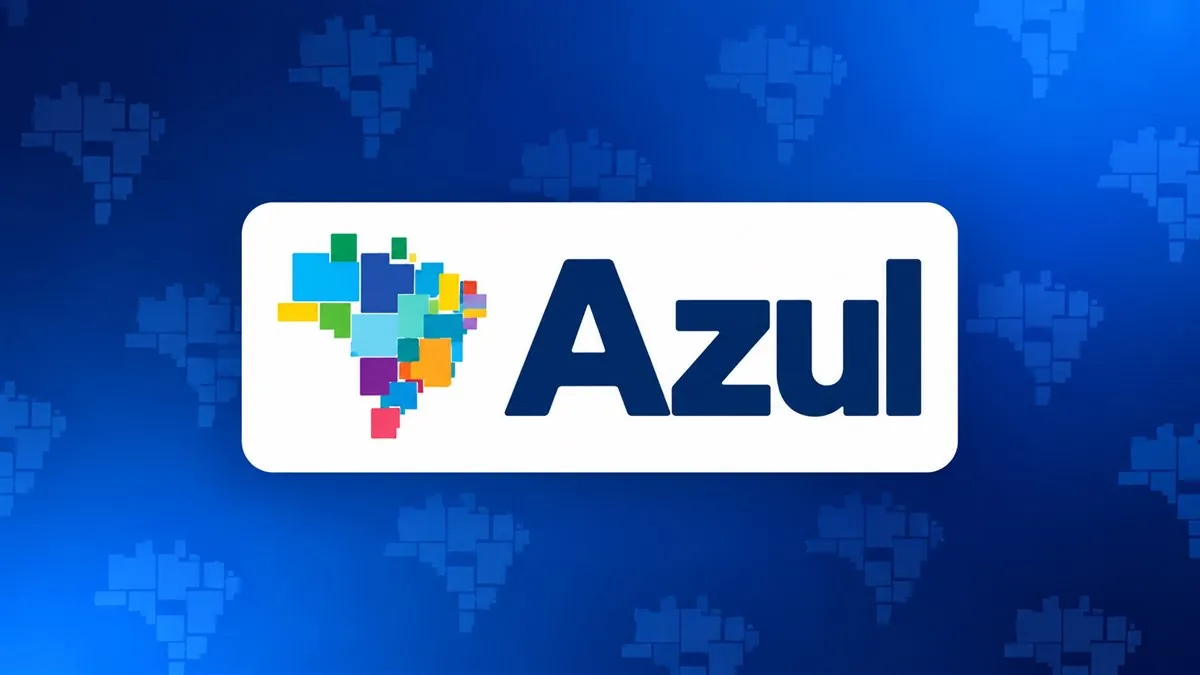 Logomarca da Azul com mapa colorido do Brasil sobre composição azul institucional