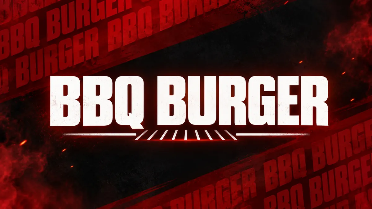 Nome BBQ Burger em composição institucional vermelha, branca e preta