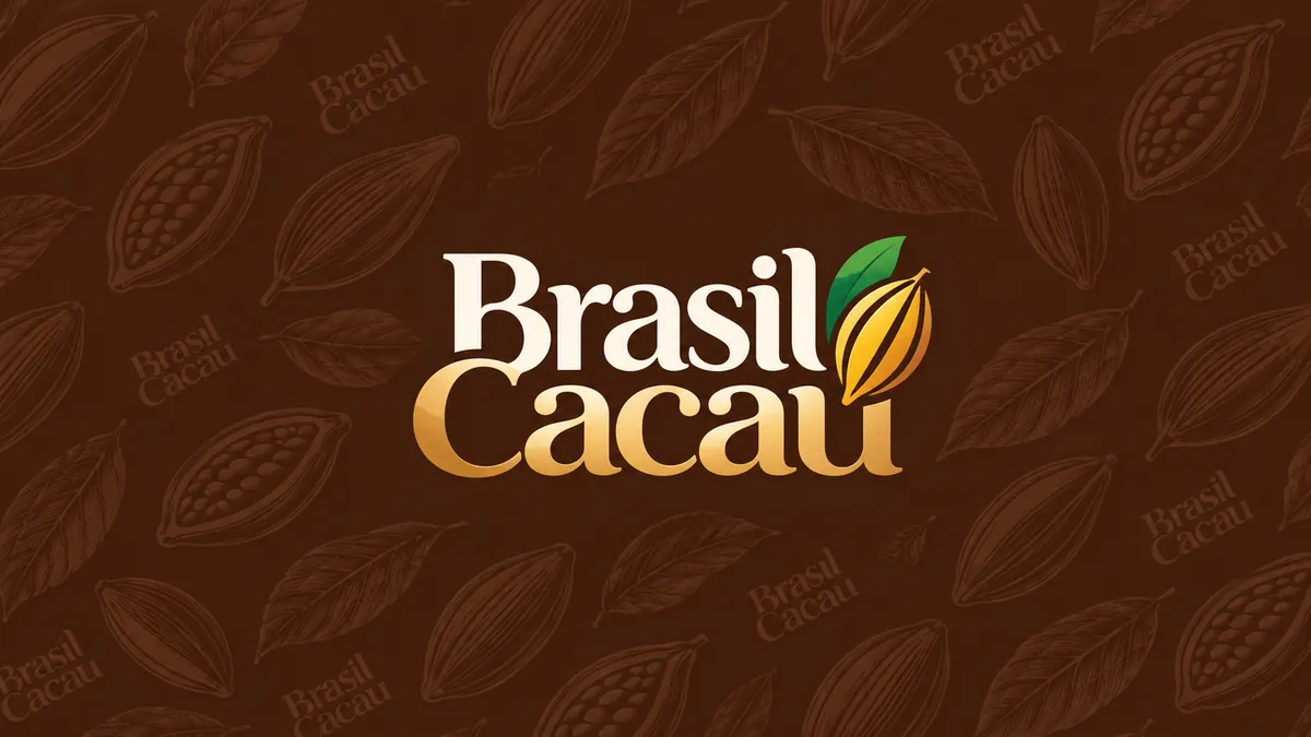 Identidade visual marrom, dourada e verde da Brasil Cacau