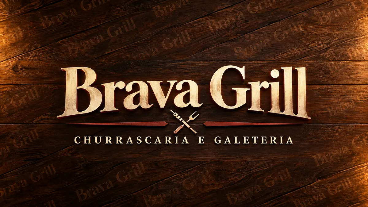Nome Brava Grill em composição institucional sobre madeira escura