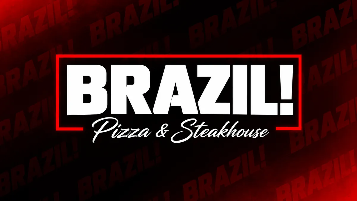 Identidade Brazil Pizza & Steakhouse em composição institucional vermelha, preta e branca