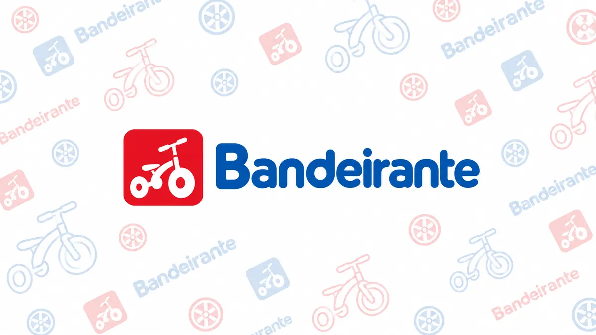 Identidade visual azul e vermelha da Brinquedos Bandeirante
