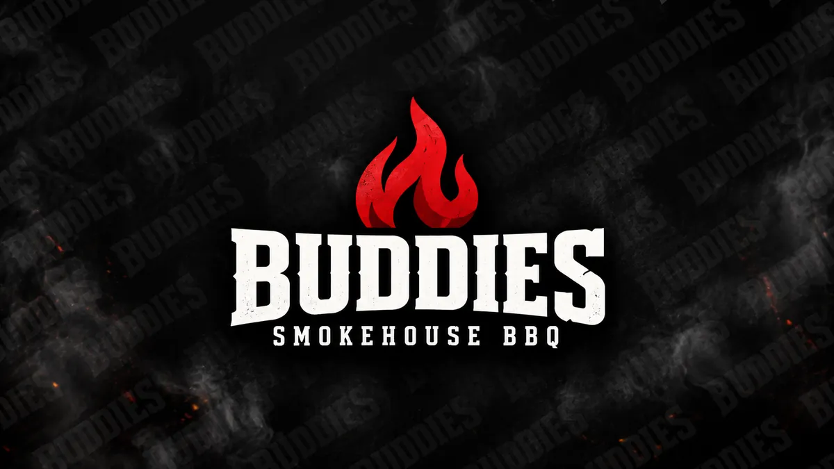 Logotipo Buddies Smokehouse BBQ em composição institucional
