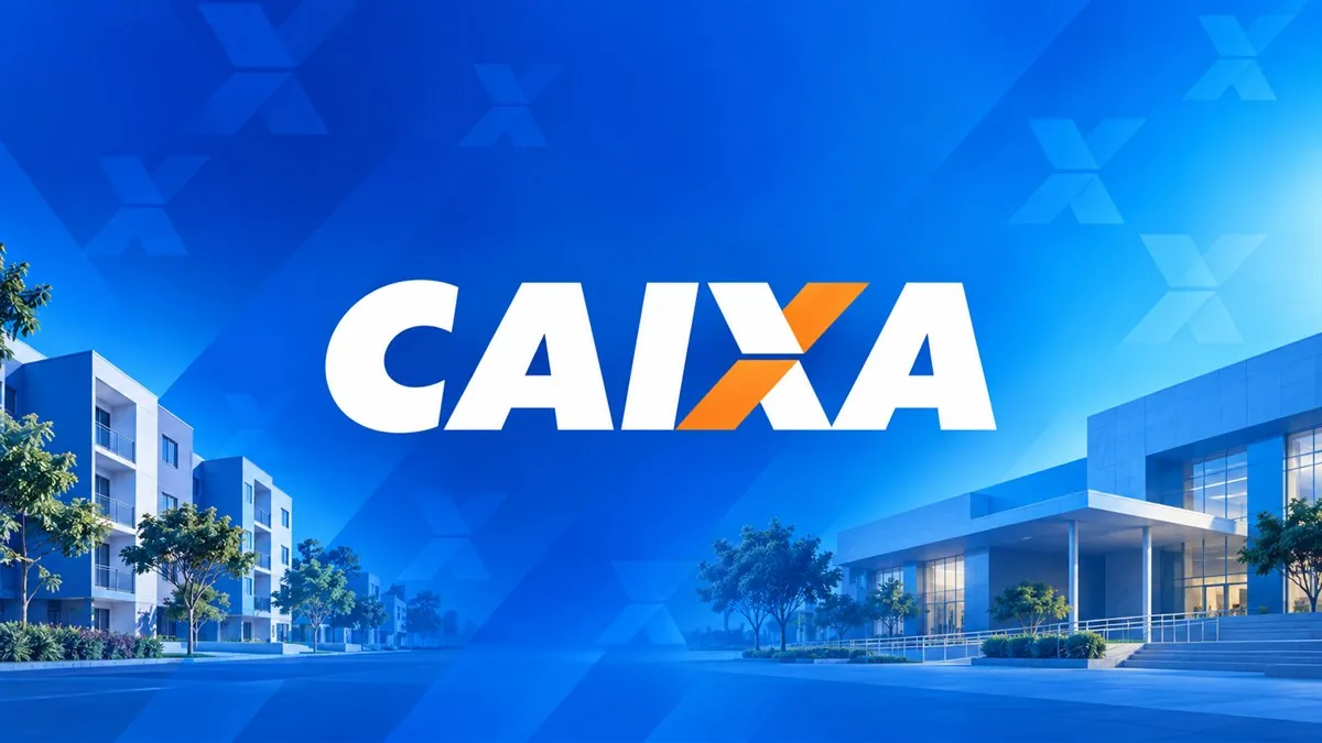 Logomarca da CAIXA sobre fundo azul com padrão diagonal e elementos urbanos