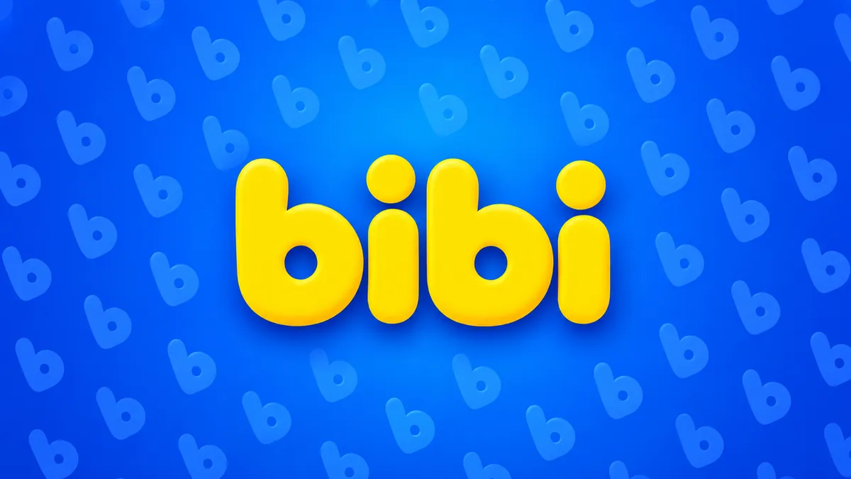 Logomarca amarela da Bibi sobre fundo azul com padrão diagonal