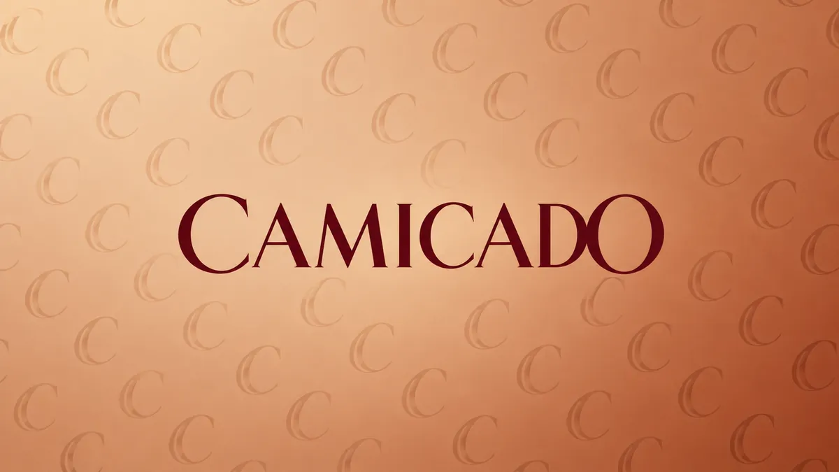 Logomarca vinho da Camicado sobre fundo terracota com padrão diagonal
