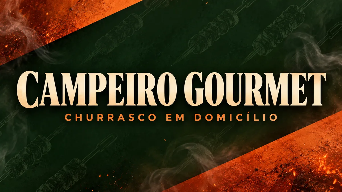 Nome Campeiro Gourmet e Churrasco em Domicílio sobre fundo verde e laranja