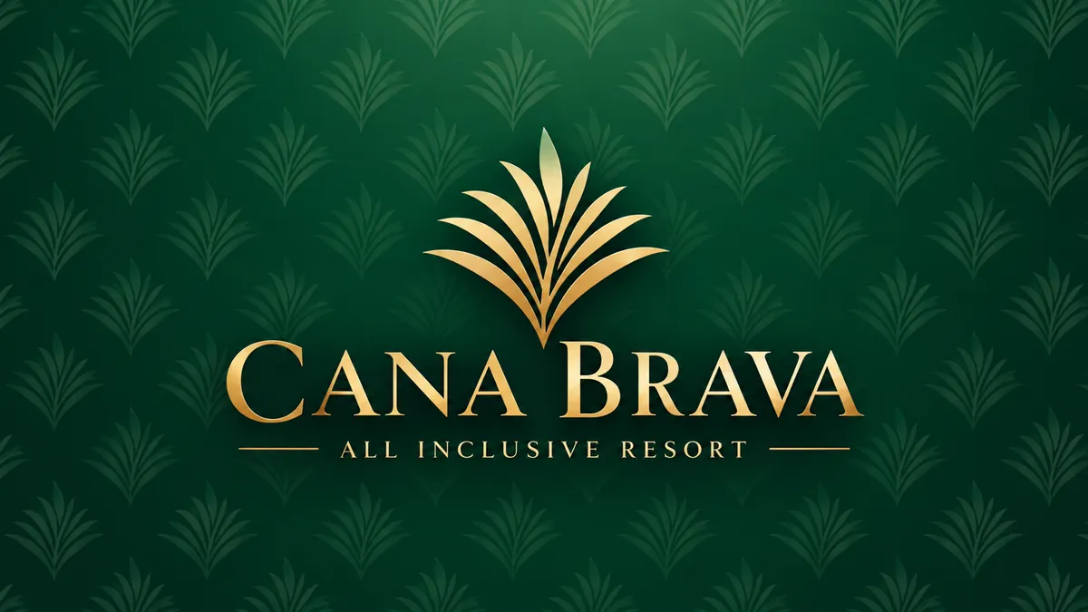 Logomarca dourada do Cana Brava Resort sobre fundo verde tropical