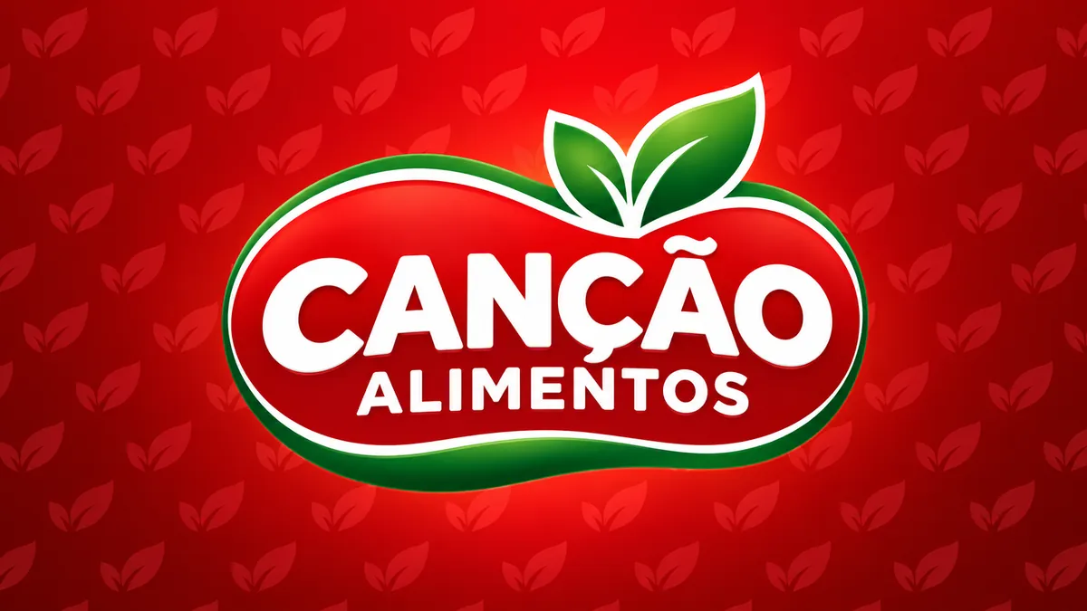 Logomarca branca e verde da Canção Alimentos sobre fundo vermelho