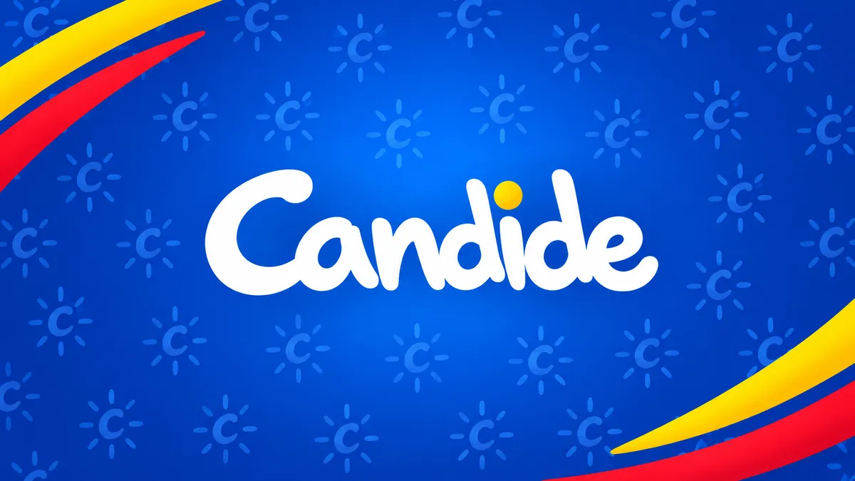 Logomarca branca da Candide sobre fundo azul com padrão diagonal