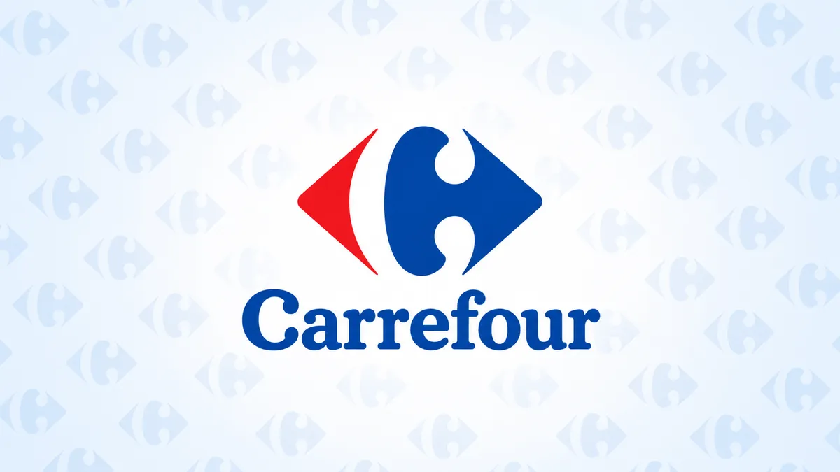 Logomarca azul e vermelha do Carrefour sobre fundo claro padronizado