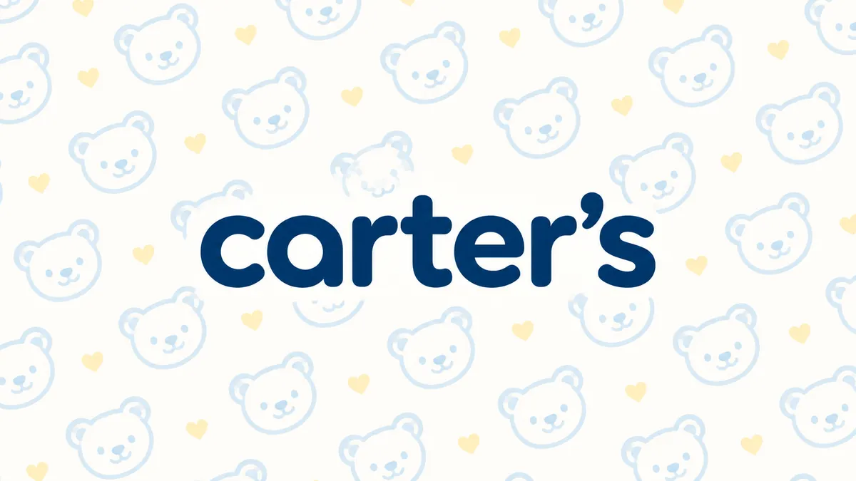 Logomarca azul da Carter's sobre fundo claro com padrão de ursos