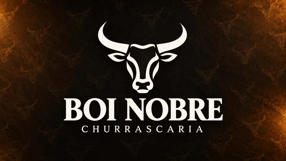 Identidade da Churrascaria Boi Nobre com símbolo de touro branco sobre fundo escuro