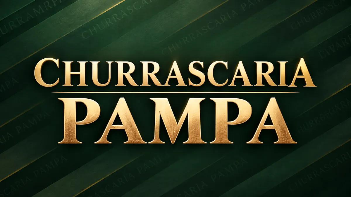 Nome Churrascaria Pampa em letras douradas sobre fundo verde com faixas diagonais