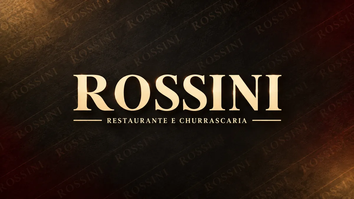Nome Rossini Restaurante e Churrascaria em composição institucional escura
