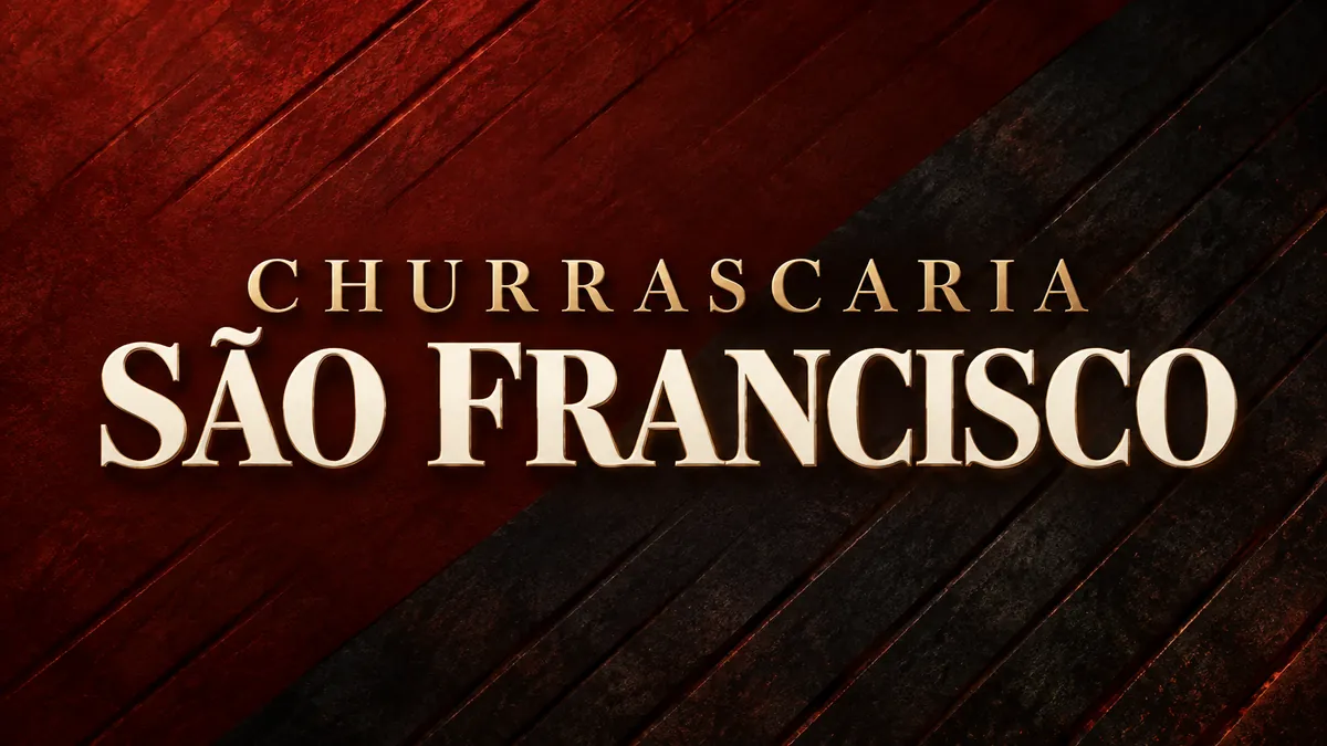 Nome Churrascaria São Francisco em letras claras sobre fundo vermelho e carvão