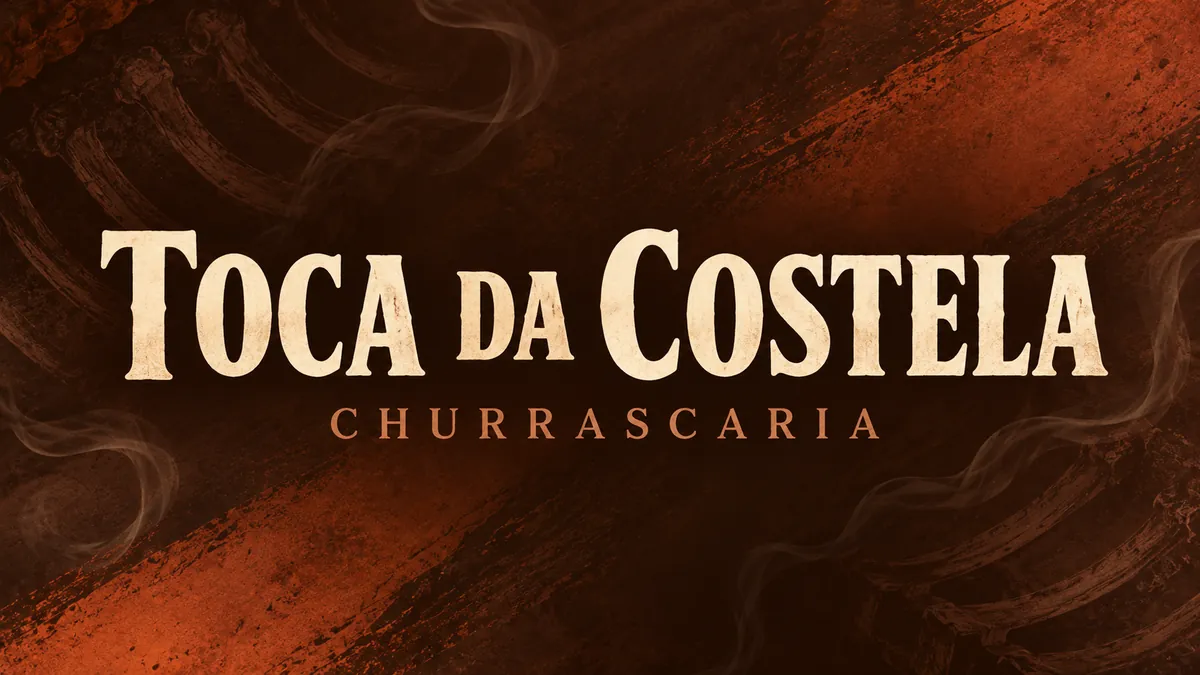 Nome Toca da Costela Churrascaria em letras claras sobre fundo terroso