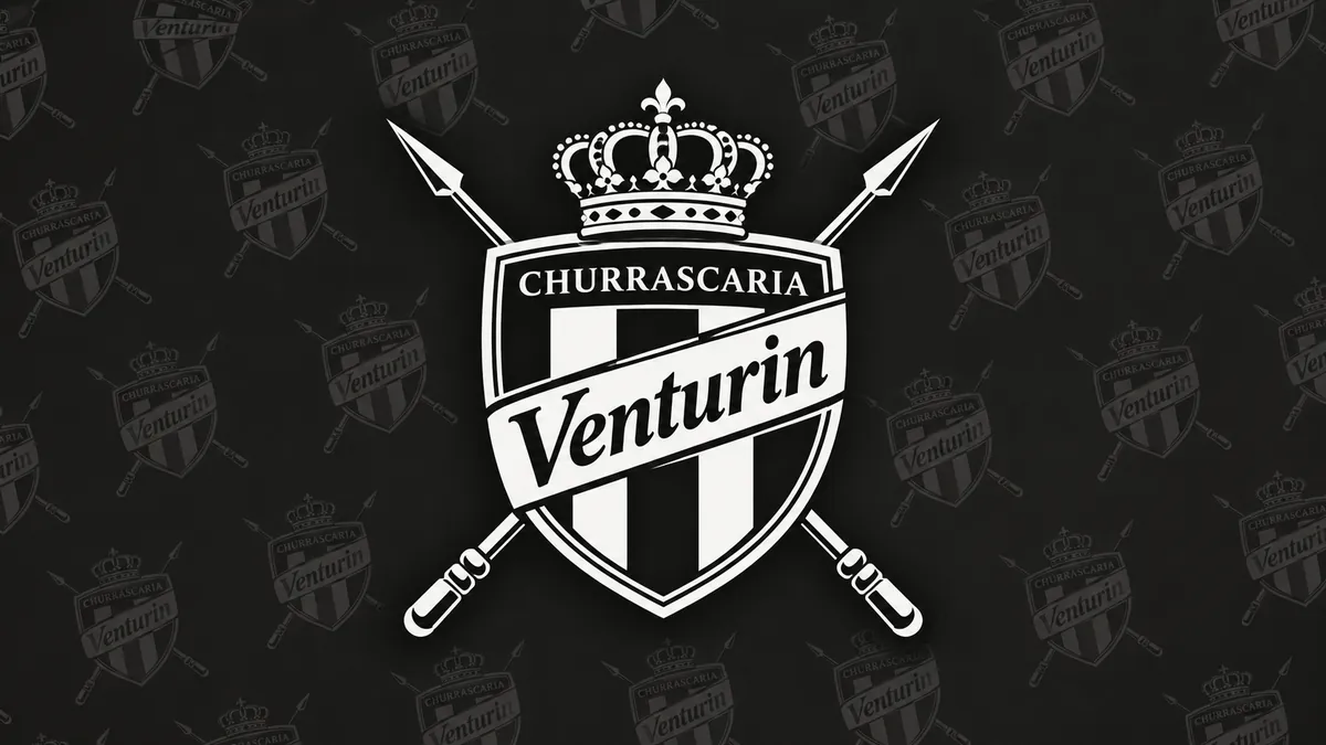 Brasão preto e branco da Churrascaria Venturin com coroa, escudo e espetos