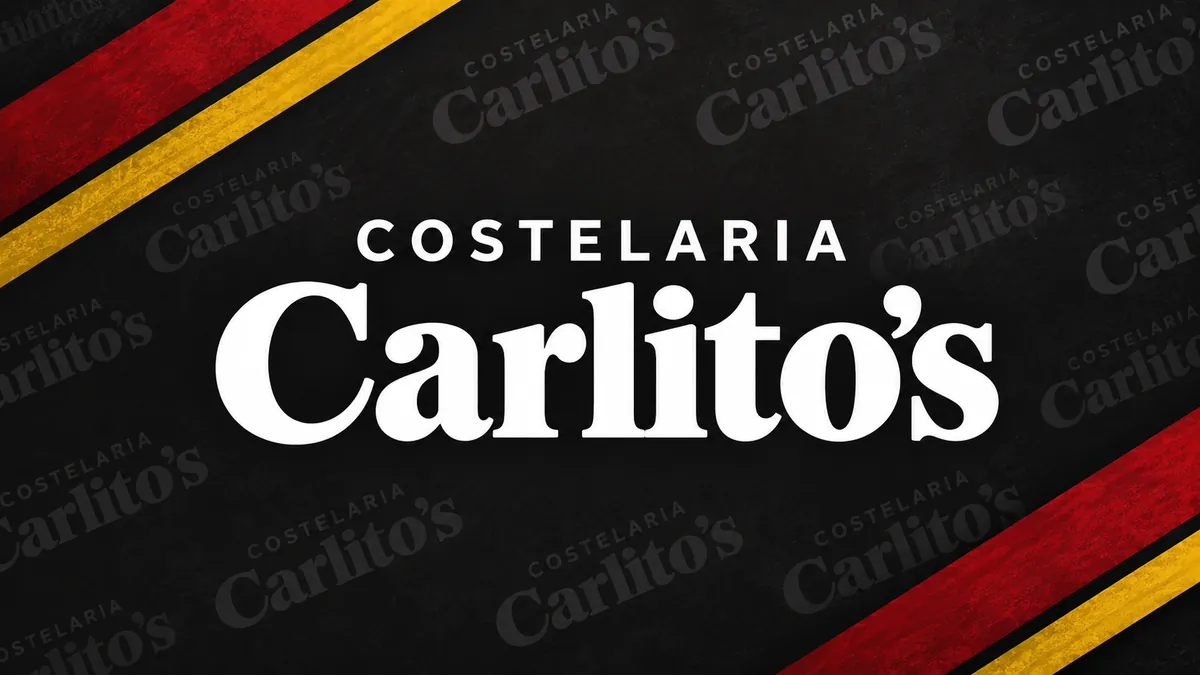 Nome Costelaria Carlito's em branco sobre fundo carvão com faixas vermelhas e amarelas