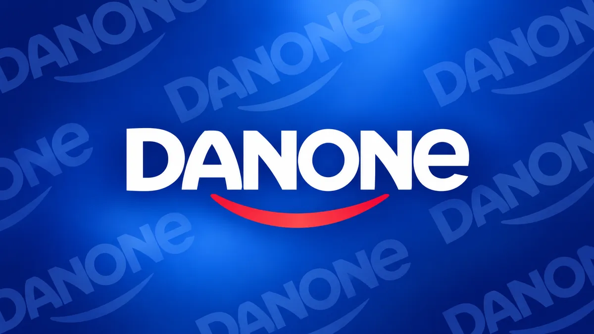 Identidade visual da Danone em composição institucional azul