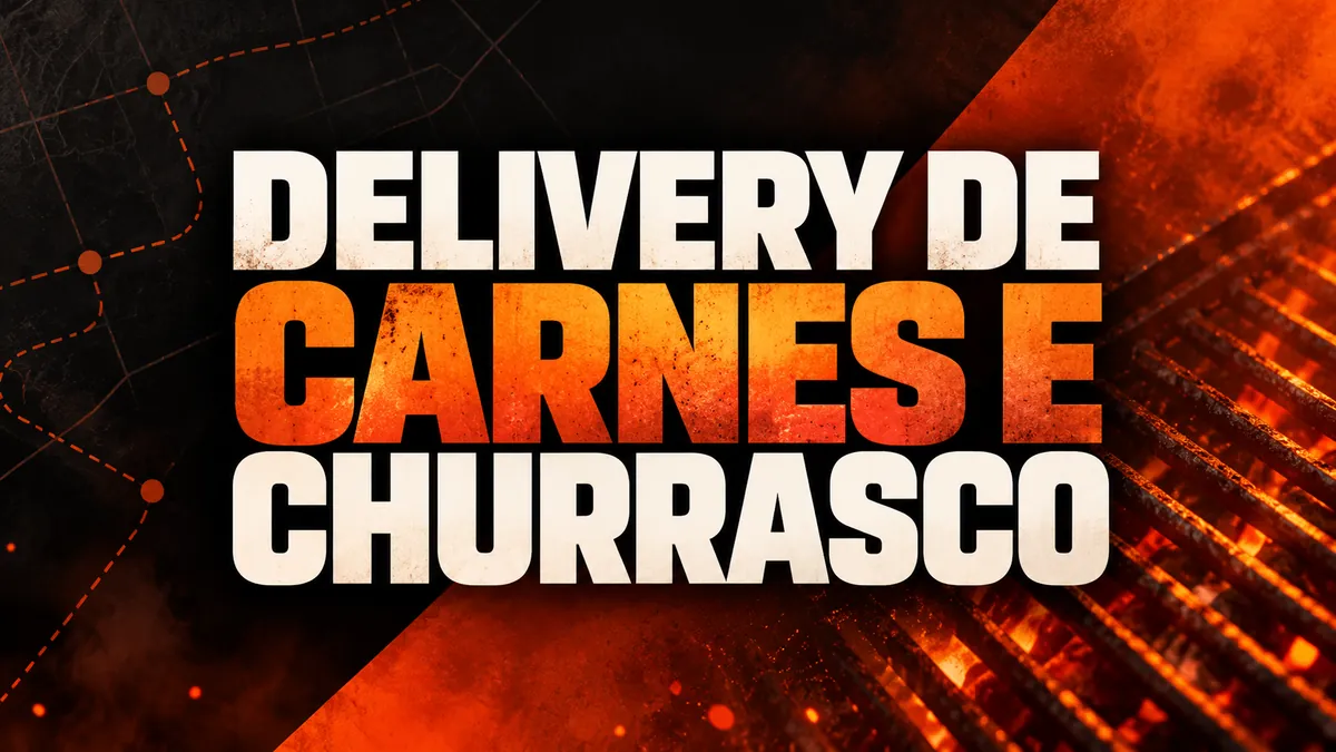 Nome Delivery de Carnes e Churrasco sobre fundo preto e laranja com grelha