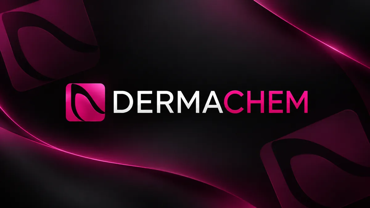 Identidade visual da Dermachem em composição institucional preta e magenta