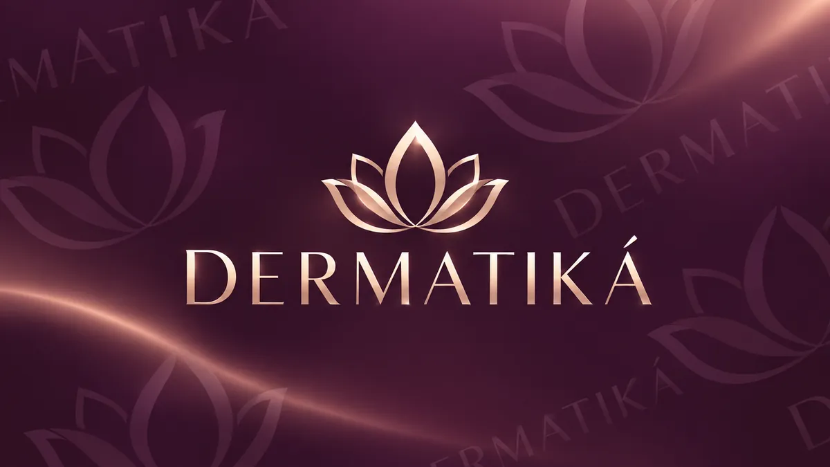 Identidade visual da Dermatiká em composição institucional roxa