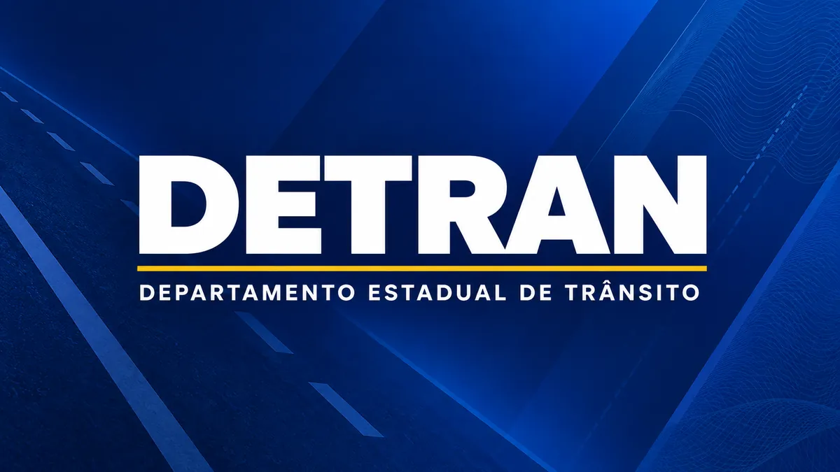 Nome Detran sobre fundo azul com elementos gráficos de estrada