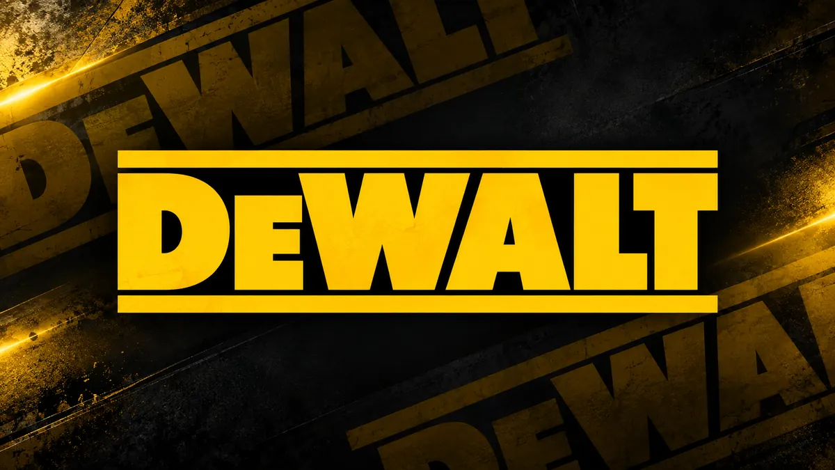 Identidade visual da DeWalt em composição institucional preta e amarela